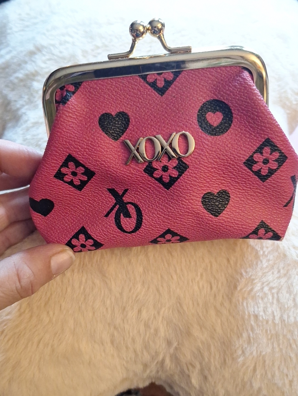 XOXO Pink Kiss-Lock Coin Purse with Black Heart & Floral Print